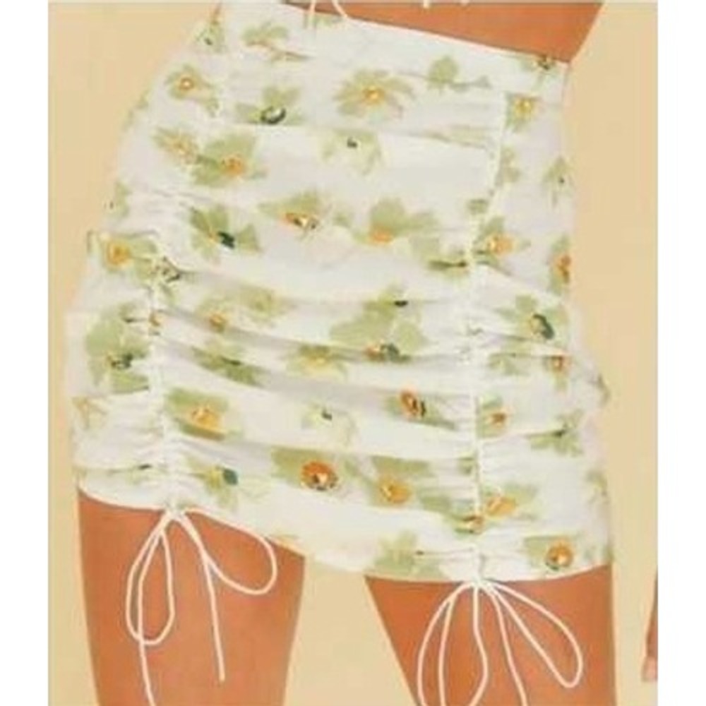 Ovianca Floral Ruched Drawstring Mini Skirt‎ Women's Size S White Green